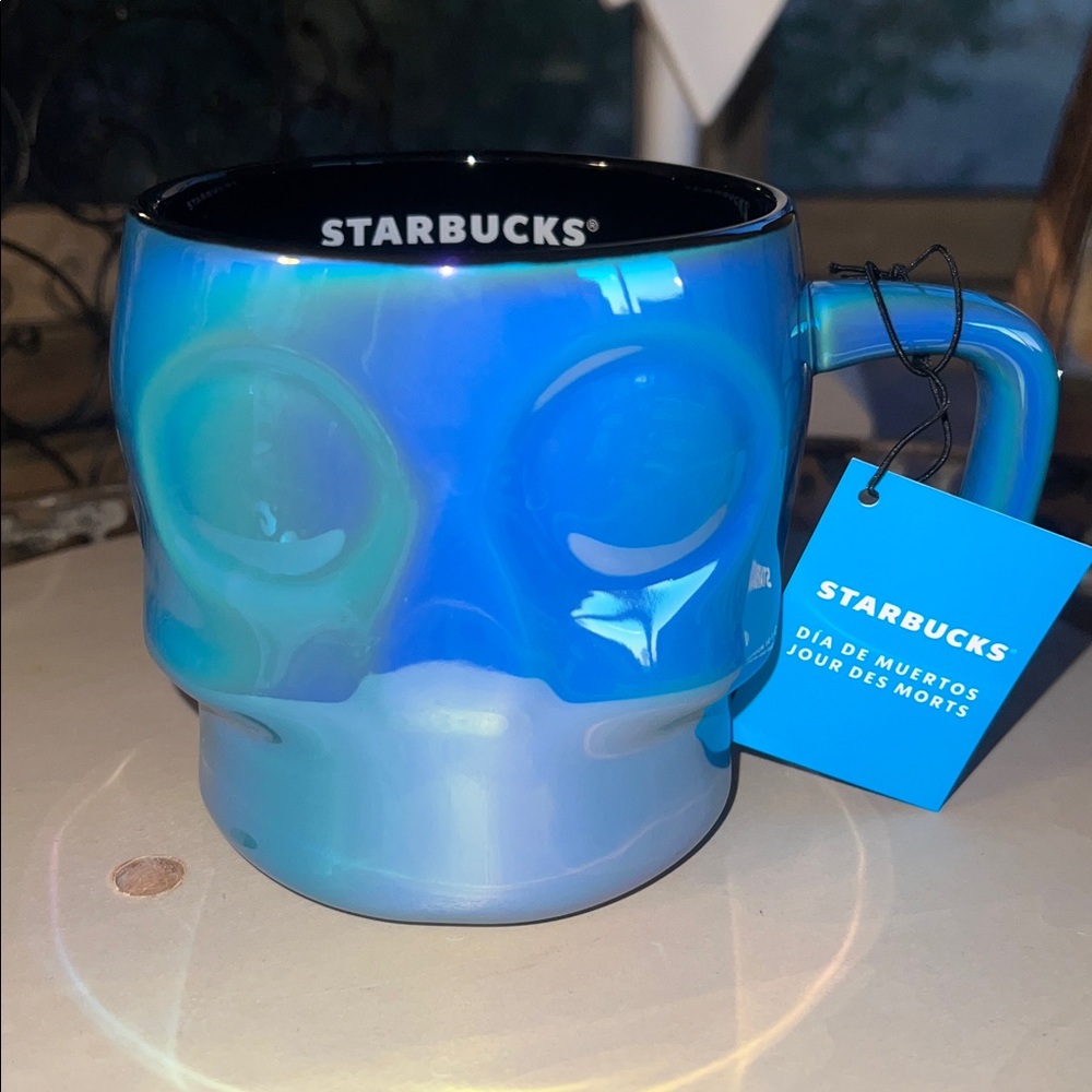NWT💀Starbucks 2025 Halloween Blue Iridescent Holographic Sugar Skull Ceramic Mug